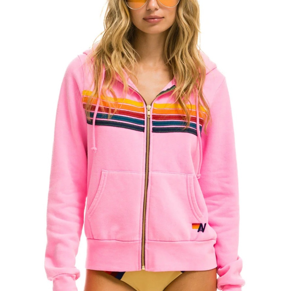 Aviator Nation 5 Stripe Zip Up Hoodie in Pink
